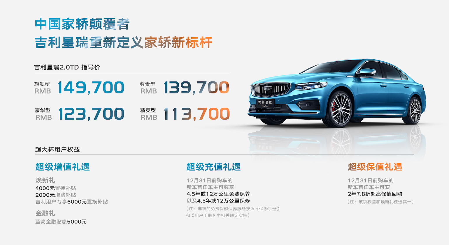 官方指导价11.37万元起、2年7.8折超高保值回购 吉利星瑞全网上市