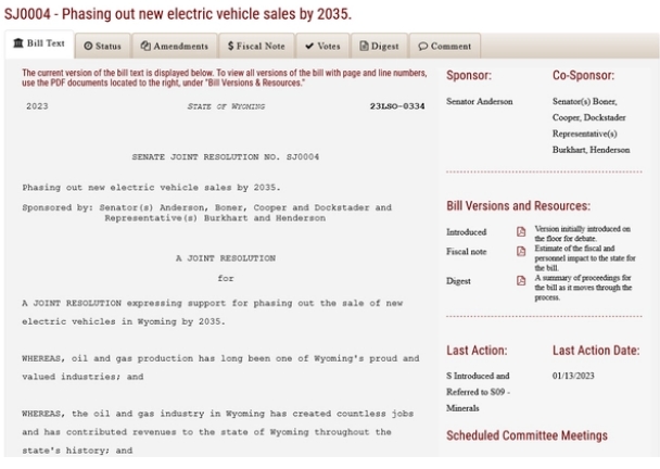 美国怀俄明州新提案：目标2035年禁止销售新的电动汽车