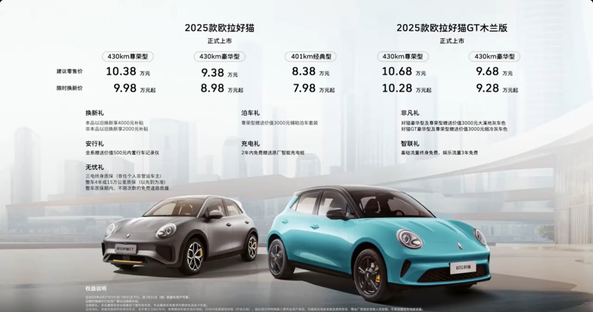 售价8.38-10.68万元2025款欧拉好猫上市